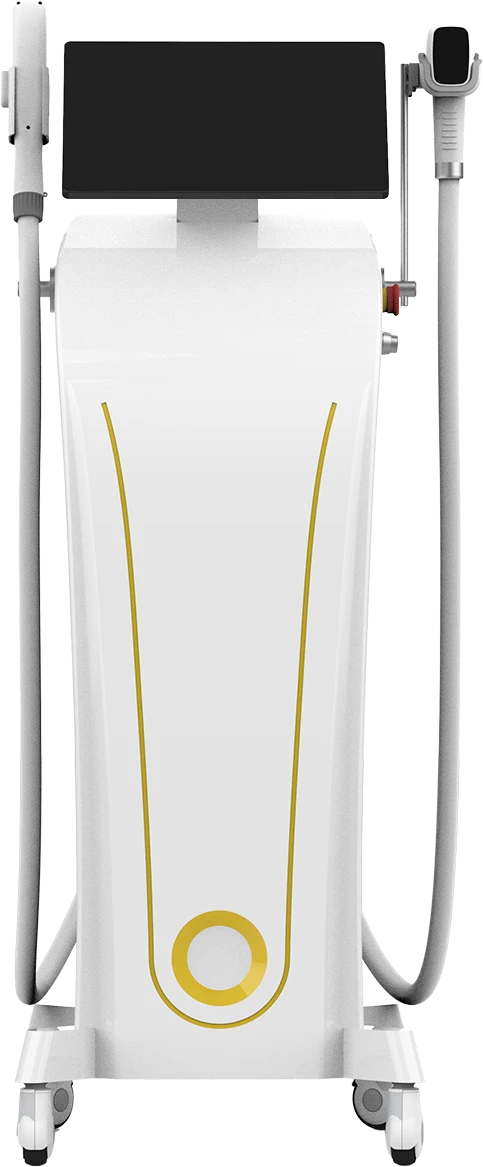 Der ALIX Twin KI Smart 5000 8W: weißes Standgerät mit goldenen Linien, Bildschirm oben und zwei Handstücken an Kabeln